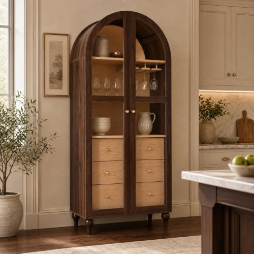 Christopher Knight Home Huxley 69"Tall Arched Kitchen Pantry Cabinet with Hidden Drawer, Wooden Pantry Cabinets for Kitchen Storage, Kitchen Storage Cabinet with Adjustable Shelves+Glass Door, Walnut