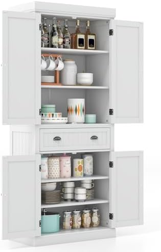 GIANTEX Pantry Organizers and Storage, 72" Tall Kitchen Cabinet with 2-Door Cabinets & Drawer, Buffet Sideboard w/Adjustable Shelves, Wooden Freestanding Cupboard for Dining Room Living Room (White)