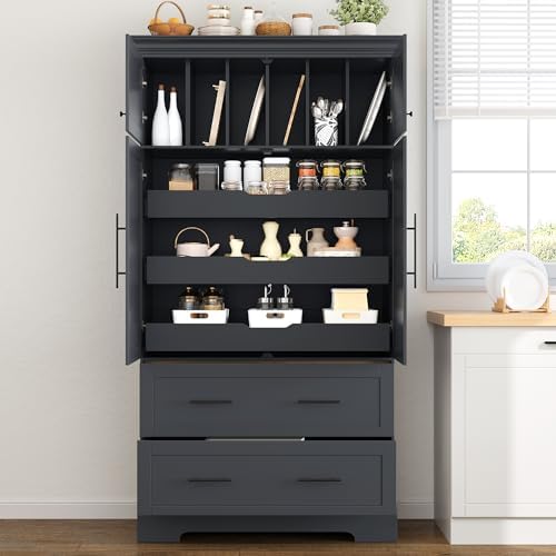 Merax 72.6" Farmhouse Kitchen Pantry Cabinet with Pull-Out Trays & Drawers, Freestanding Pantry with Cake Pan Storage, 4-Door Shaker Style Storage Cabinet, 40" L x 18" W, Grey