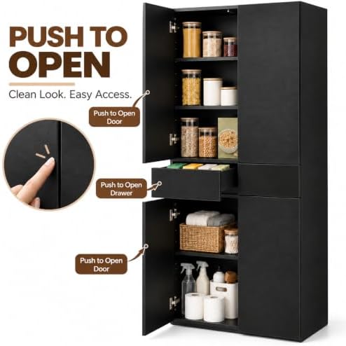 67-Inch Multi-Functional Kitchen Pantry Cabinet with 4 Doors, 3 Adjustable Shelves, 2 Cabinets with 1 Drawer – Elegant Freestanding Farmhouse Storage for Kitchen, Dining and Living Room (Black)