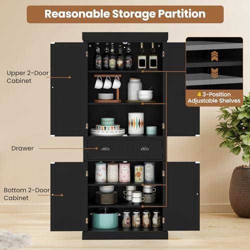GIANTEX Pantry Organizers and Storage, 72" Tall Kitchen Cabinet with 2-Door Cabinets & Drawer, Buffet Sideboard w/Adjustable Shelves, Wooden Freestanding Cupboard for Dining Room Living Room (Black)