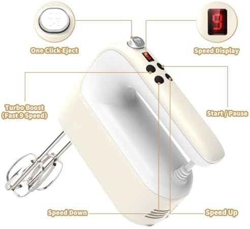 Yomelo 9-Speed Digital Hand Mixer Electric, 400W Powerful DC Motor, Hand Mixer Electric Handheld with Snap-On Storage Case, 5 Stainless Steel Accessories, Beaters, Dough Hooks, Whisk(Cream White)