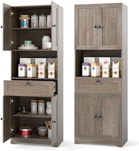 GIANTEX Kitchen Pantry Cabinet, 67.5" Tall Floor Storage Cabinet w/4 Doors & 1 Drawer, Modern Freestanding Bathroom Organizer w/Open Countertop & Adjustable Shelf for Dining Room (Gray Oak)