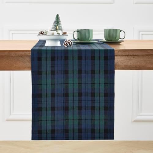 Solino Home 100% Pure Linen Table Runner, 14 x 108 in, Blue and Green Plaid