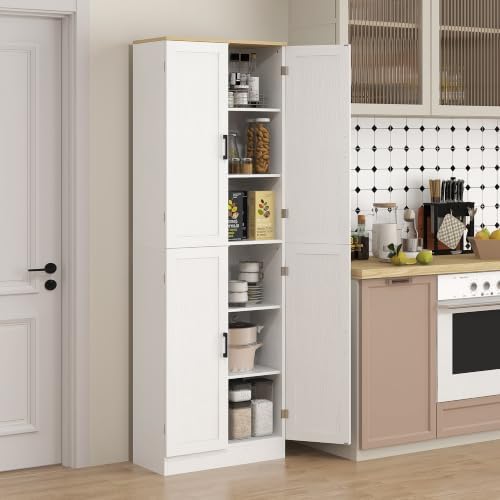 HOMCOM 67" Freestanding Kitchen Pantry 4-Door Cabinet Distressed White