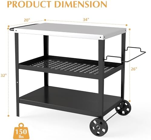 3-Shelf Pizza Oven Table with 34" x 20" Stainless Tabletop,Outdoor Grill Cart for Pizza Ovens & Griddles,Black