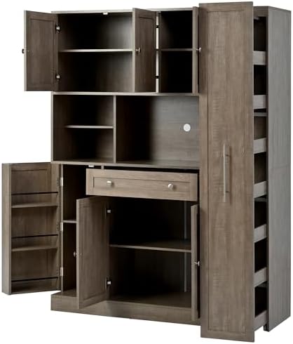 Ball & Cast 70" Farmhouse Kitchen Pantry Cabinet with Hutch, Large Buffet Cabinet with 7-Tier Pull-Out Side Storage, 6 Doors, Drawer, Adjustable Shelves, Freestanding Coffee Bar & Cupboard, Brown