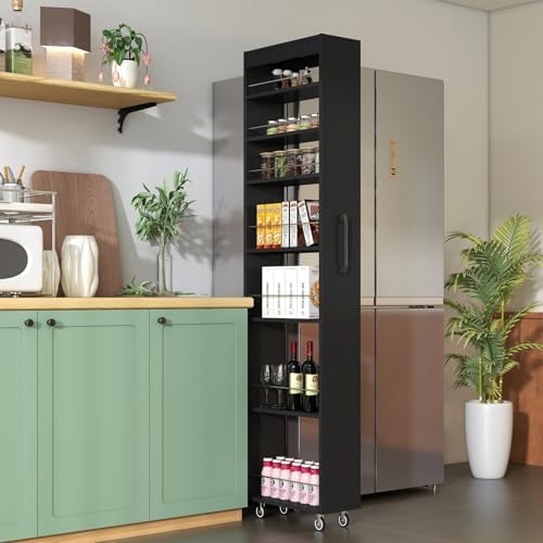 KEIKI 7 Tier Pull-Out Kitchen Pantry Storage Cabinet, Multi-Tier Single-Sided Open Shelf, Spice Rack Next to Fridge, Wood Hutch Food Pantries Cupboard for Coffee Bar, Dining Room, Narrow Spaces