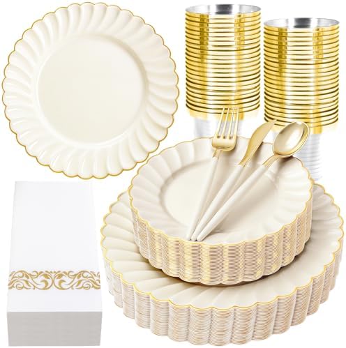 Ciaell 175 Piece Ivory and Gold Plastic Plates for Weddings Parties