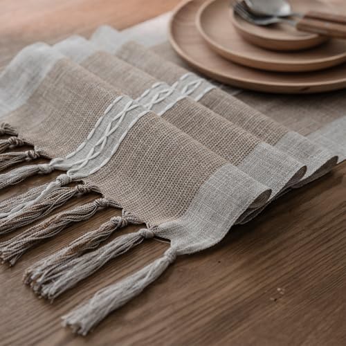 Niviy Farmhouse Table Runner, Embroidered Striped Braided Coffee Boho Table Runner, Cotton Linen Farmhouse Table Decoration for Holiday Party 12 x 108 Inches