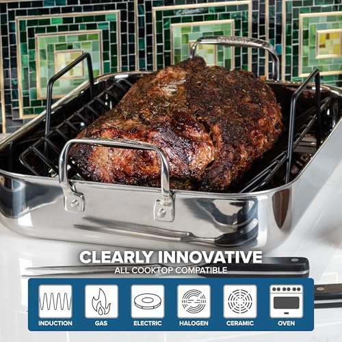 Viking 3-Ply Stainless Steel Roasting Pan with Non Stick Rack, 16 x 13 Inch Kitchen Cookware, Great for Turkey, Includes Probe Thermometer, Dishwasher and Oven Safe, Induction Ready, Silver