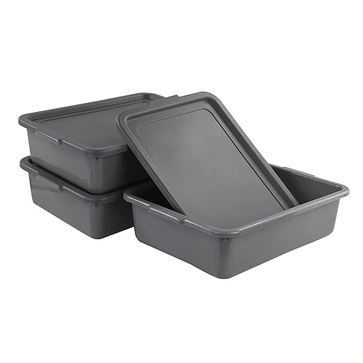 3-Pack 13 L Plastic Commercial Bus Tub, Gray Bus Box with Lid