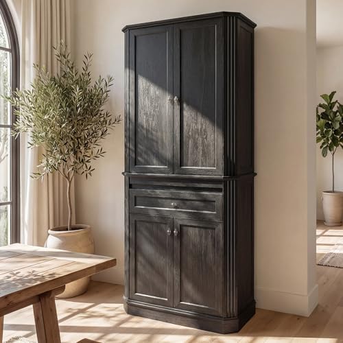 72.2" Tall Kitchen Pantry Cabinet with Doors, Farmhouse Storage Cabinet with Charging Station & LED Light, Drawer, Adjustable Shelves and Pull-Out Shelves, Black Wood Pantry Cupboard for Dining Room