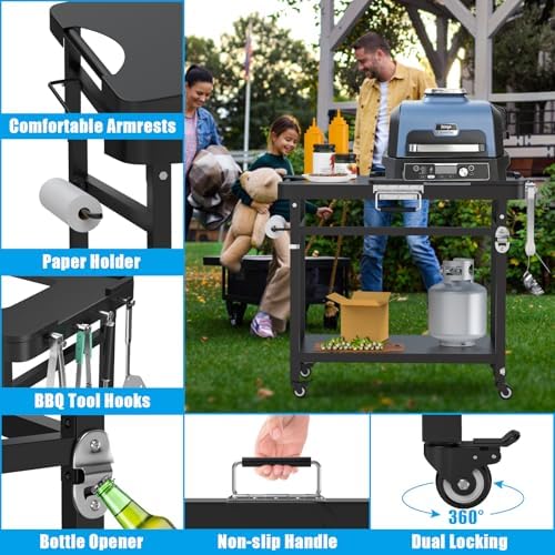 Outspark Grill Stand for Ninja Woodfire Outdoor Portable Prep Cart Table Station for Ninja XSKUNSTAND OG700 OG321 OG900 OO101 Series and Smoker Pizza Oven Accessories with Wheels & Grill Cover