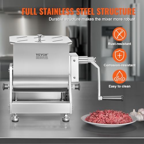 VEVOR Manual Meat Mixer, 10L Tilt Tank – Heavy Duty Stainless Steel Hand Mixer for Ground Beef & Sausage, Max 15lb Mixing Meat Capacity, with Gear Box and Lid Handle