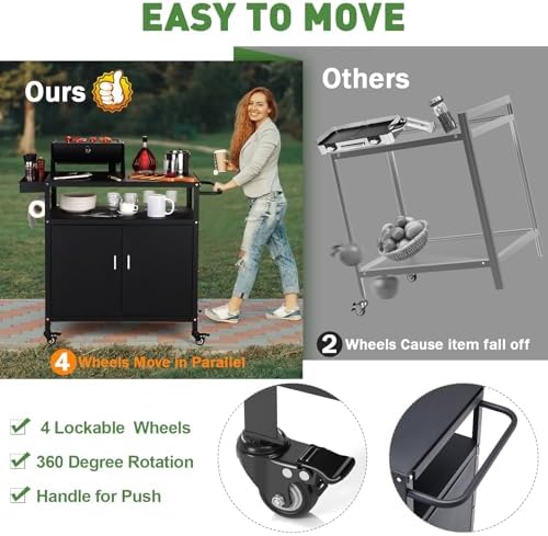 Outdoor Grill Cart with Storage Cabinet, Pizza Oven Stand Table with Wheels for Outside, Patio, Kitchen, Movable Outdoor Food Prep Table for Grill, BBQ