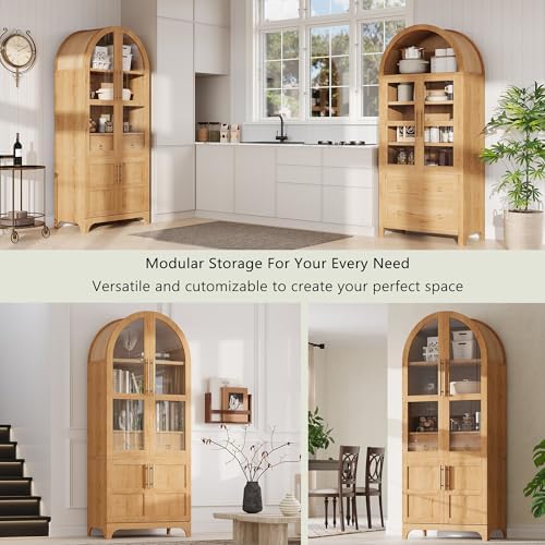 Merax 71" Farmhouse Arched Pantry Cabinet with Glass Doors & Hidden Drawer, Adjustable Shelves Storage Cupboard for Kitchen/Dining Room, Natural