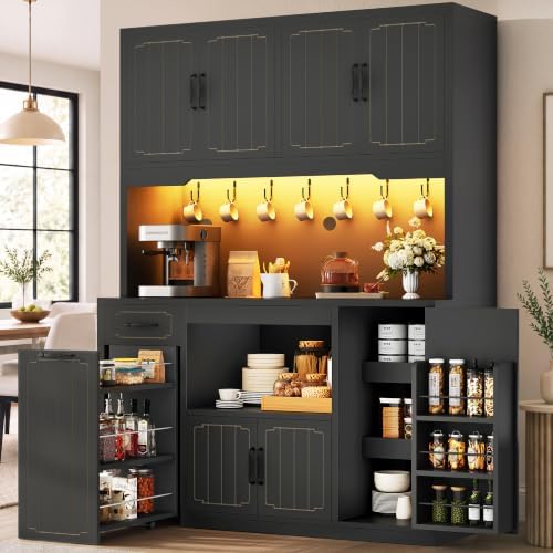 Fluted Kitchen Pantry Cabinet with Charging Station & LED Light, 47" Wide Kitchen Pantry Storage Cabinet with Countertop, Microwave & Appliance Storage, Food Pantry Cabinet for Dining Room ,Black