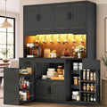 Fluted Kitchen Pantry Cabinet with Charging Station & LED Light, 47" Wide Kitchen Pantry Storage Cabinet with Countertop, Microwave & Appliance Storage, Food Pantry Cabinet for Dining Room ,Black