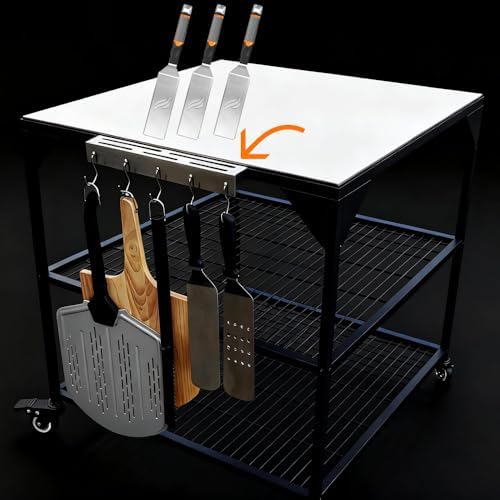 JIN BETTER GRILL PARTS Heavy-Duty Steel Frame Outdoor Kitchen Cart | Stainless Steel Tabletop & 4 Locking Wheels | 31.5" Versatile BBQ Workstation for Ninja, Blackstone, Pizza Ovens