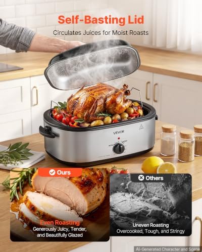 VEVOR Electric Roaster Oven, 20 Qt 1450W, Turkey Roasting Pan, Metal Lid