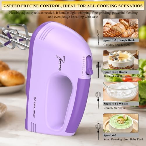 BAIGELONG Hand Mixer. 7-Speed Adjustable Kitchen Electric Mixer. With 5 Stainless Steel Attachments: 2 Hooks, 2 Beaters, 1 Whisk. Comes 1 Storage Box. Perfect for Bakers and New Starters. Purple