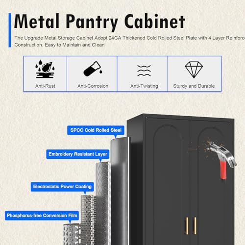 Polup 71" Black Metal Kitchen Pantry Storage Cabinet with Doors and Shelves