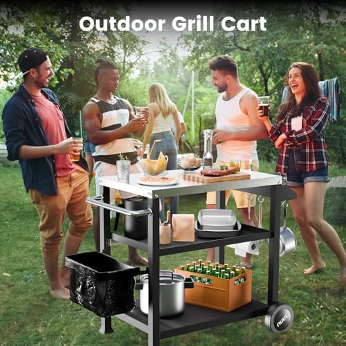 NUUK 3-Shelf Grill Cart for Outdoor with Stainless Steel Top – 20" x 32" Movable Pizza Oven Stand with Wheels Kitchen Prep Table BBQ Cart Worktable