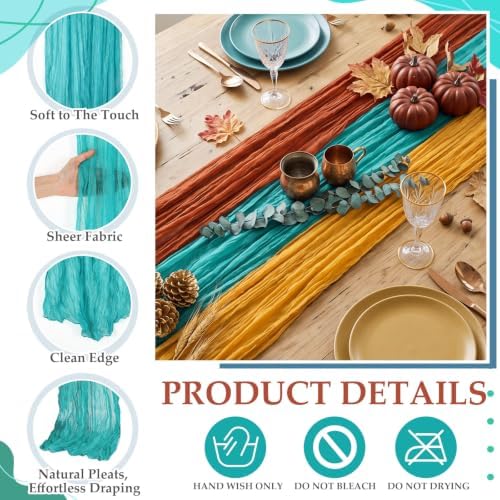 6 Pcs Fall Terracotta and Teal Cheesecloth Table Runner 118"