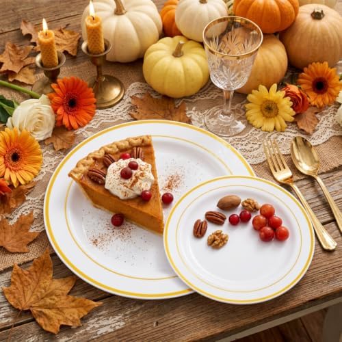 FLOWERCAT 60PCS Gold Plastic Plates - Heavy Duty White and Gold Plastic Plates Disposable for Fall Party/Wedding/Thanksgiving - Include 30PCS 10.25" Dinner Plates and 30PCS 7.5" Dessert Plates