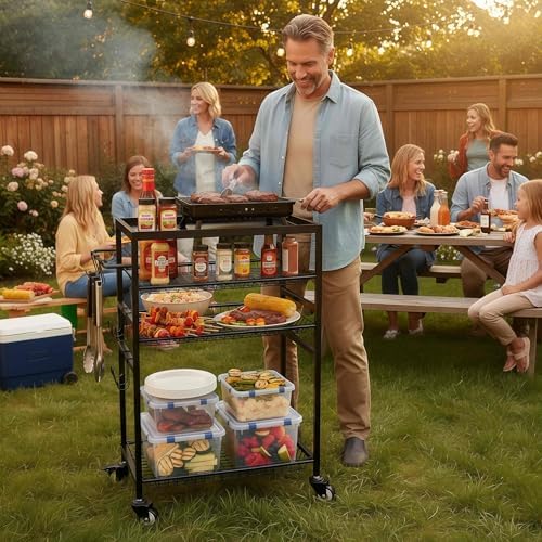 HOSY 4-Tier Rolling Grill Cart with Handle, Heavy-Duty Barbecue Workbench