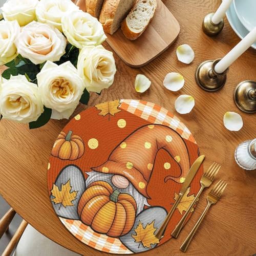 Fall Round Placemats Set of 6 Thanksgiving Pumpkin Gnome Place Mats Washable Woven Placemat Maple Leaf Orange Buffalo Plaid Circle Braided Table Mat for Kitchen Dining Holiday Party Fall Decor 15 Inch