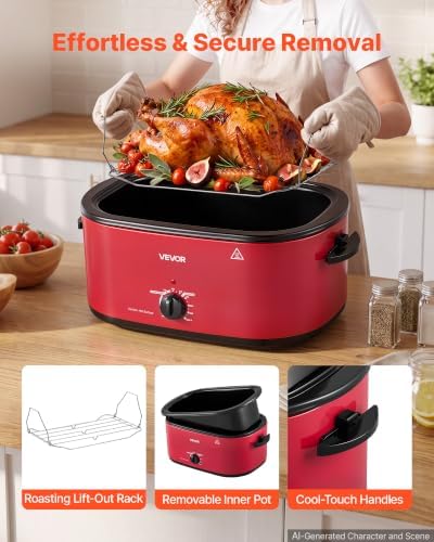 VEVOR Electric Roaster Oven, 24 Qt, Turkey Roasting Pan, Red, Viewing Lid
