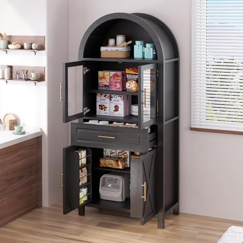KEIKI 71" Tall Arched Kitchen Pantry Cabinet with Glass Door,Drawer,Farmhouse Storage with Adjustable Shelves for Kitchen,Living & Dining Room