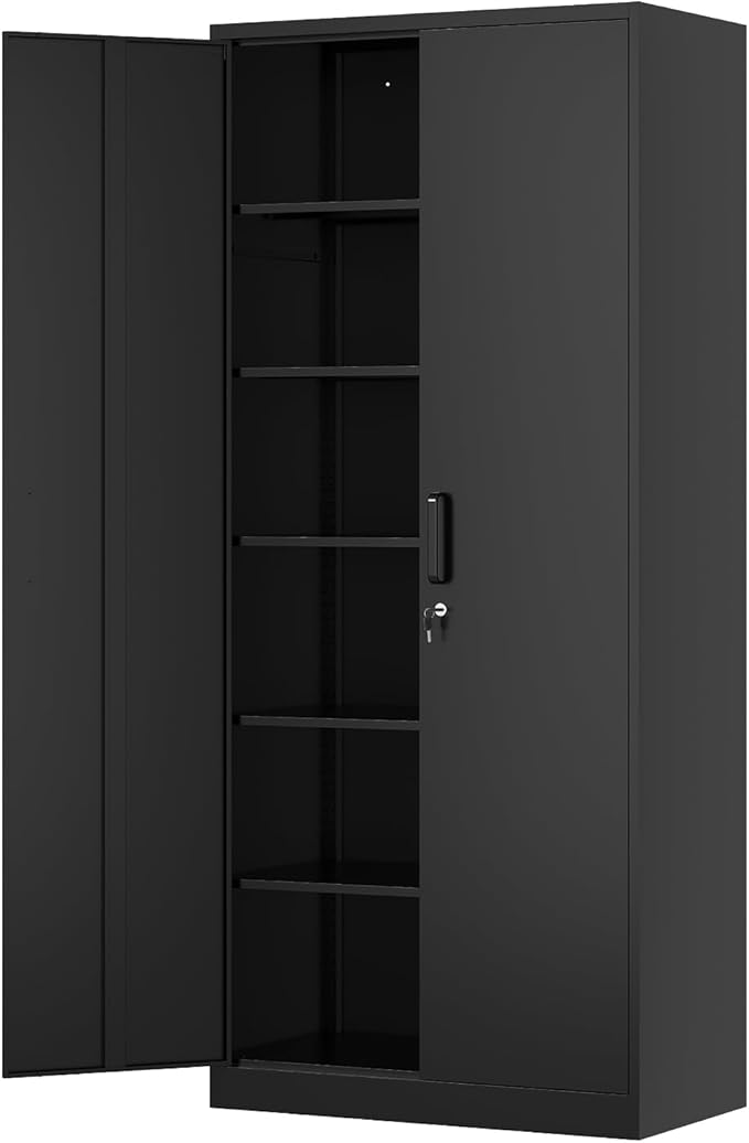Metal Storage Cabinet-71” Tall Steel File Cabinets with Lockable Doors and Adjustable Shelves-Black Steel Storage Cabinet for Home, School, Office, Garage