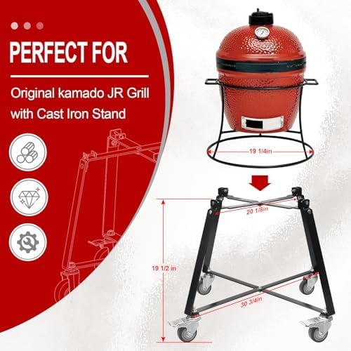 Rolling Cart with Wheels for Kamado Joe JR with Cast Iron Stand, Grill Stand for Kamado Joe Jr Accessories, Rolling Outdoor Cart for Kamado Joe Junior Grill Stand（Match Jr's Original Cast Iron Stand）