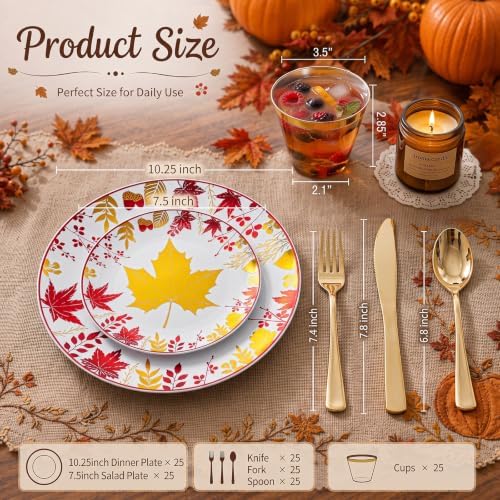 KIRE 150PCS Thanksgiving Plates Dinnerware Maple Leaves - Plastic Thanksgiving Plates with Gold Silverware Include 25Dinner 25Salad 25Forks 25Knives 25Spoons 25Gold Cups