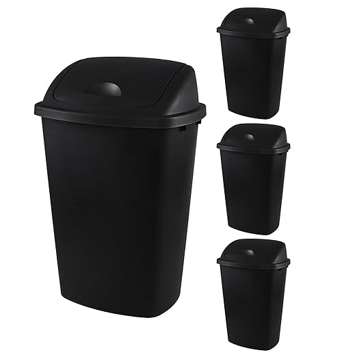 4-Pack 13 Gallon Waste Basket with Swing-Top Lid, Black Garbage Bin, Commercial Trash Can for Kitchen, Outdoor, Garage and School, Fits 13 Gal Liners