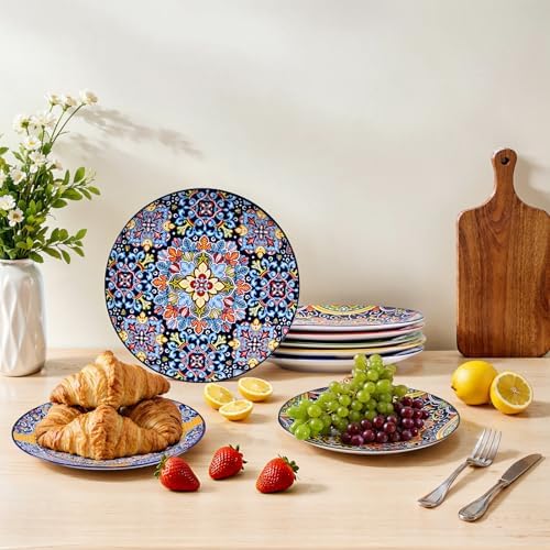 8.5 Inch Ceramic Dinner Plates Set of 6, Bohemian Appetizer Dessert Plates, Microwave Oven Dishwasher Safe, Hand Painted Artisan Design, Gift for Housewarming Thanksgiving