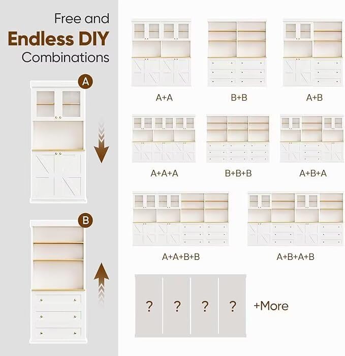 Vyre 71" Farmhouse Kitchen Pantry Cabinet Set of 2, White Freestanding Coffee Bar Hutch with Drawers & Adjustable Shelves, Large Storage Cabinet with Microwave Stand for Living Room & Kitchen