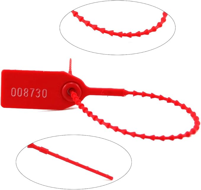 100 Plastic Tamper Seals, Numbered Zip Ties for Fire Extinguisher Pull Tite Security Tags Disposable Self Locking Signage 250mm (Red)