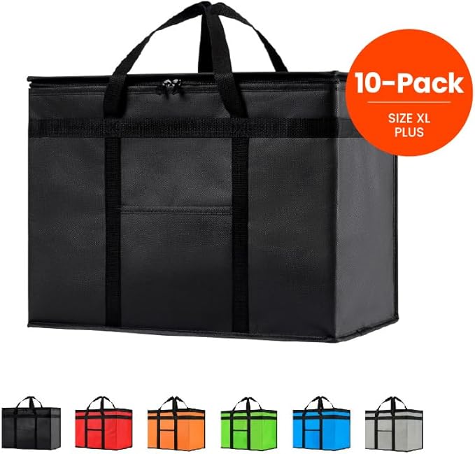 NZ home Insulated Bags for Food Delivery (XL Plus) Grocery Shopping Cooler Bag, Pizza Delivery, Hot & Cold Catering Tote, Reusable, Foldable & Heavy Duty (10 Pack, Black)