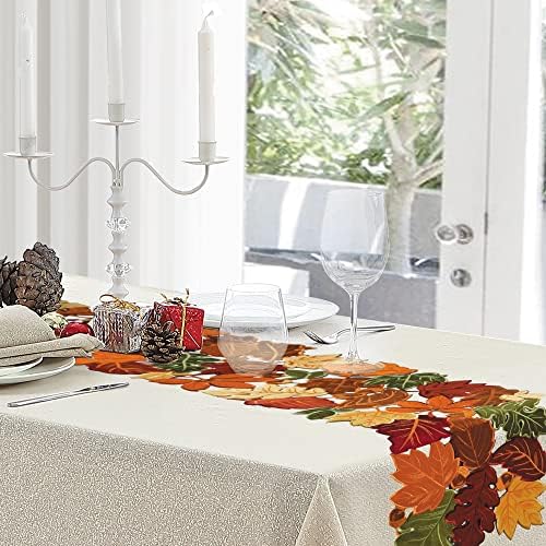 OWENIE Embroidered Fall Table Runner, Thanksgiving Runners 108 Inches Length, 13 x 108 Inch, Harvest Maple Leaf Home Decoration for Autumn, Applique Dresser Scarf