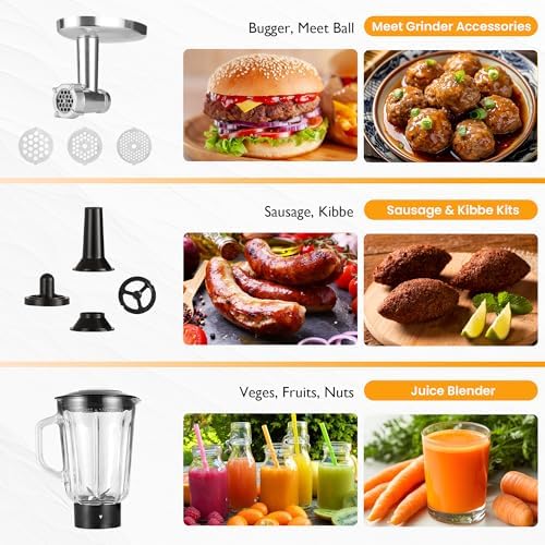 6-IN-1 Electric Stand Mixer with 6.5QT Bowl, Multifuctional Kitchen Mixer with Dough Hook, Whisk & Beater, 3-in-1 Food Processor & Meat Grinder Attachment, For Baking, Bread, Pasta, Cookies