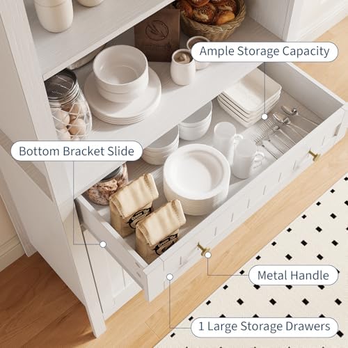 Modern Farmhouse Arched Pantry Cabinet 73" – Freestanding Tall Storage with Adjustable Shelves & Drawer – Accent Kitchen, Dining, Living or Bedroom Cupboard – Embossed White