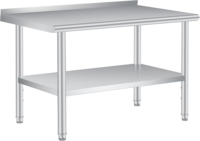 Stainless Steel Prep Table, 60 x 24 in, with Backsplash, Adjustable Undershelf, Commercial Heavy Duty Table with Adjustable Under Shelf for Outdoor Use,Restaurants,Hotels,Works