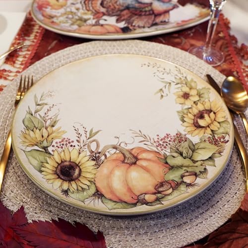 Autumn Breeze Set of 4 Earthenware Dinner Plates – Bring rustic fall charm to your table with pumpkins, sunflowers, and leaves in warm seasonal colors that elevate every meal 11"