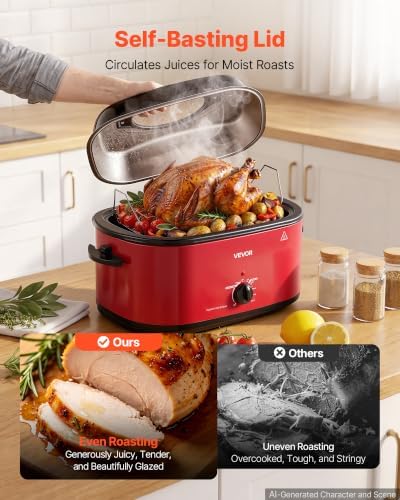 VEVOR Electric Roaster Oven, 24 Qt, Turkey Roasting Pan, Red, Viewing Lid