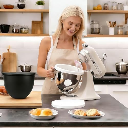 Silicone Bowl Liners with Lids for KitchenAid 5 Qt Tilt Mixing Bowl Inserts, Kitchen Mixer Accessories for Baking & Cooking, Dishwasher Safe, Heat & Cold Resistant (Black & White)