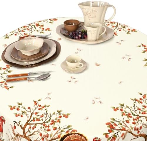 Fall Thanksgiving Double Border Decoration Tablecloth, Autumn Pumpkin Harvest Tablecloths, Waterproof Table Cover for Dinner Kitchen Party Holiday Decorations Round 60"